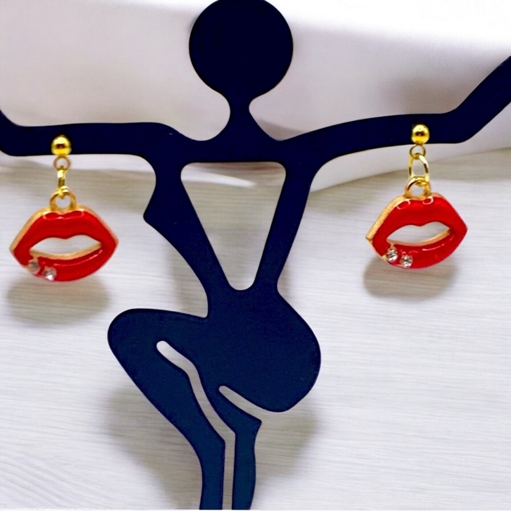 Red Lips Gold & Bright With 2 Crystals Stud Dangle Earrings - Picture 4 of 7